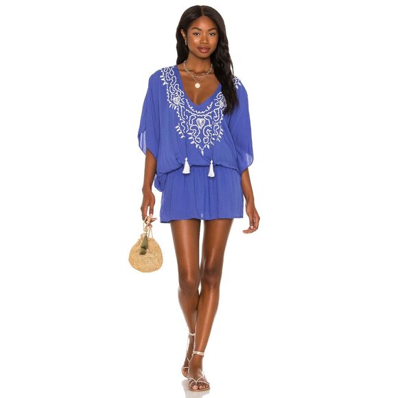 Tiare Hawaii Sky Blue & White Embroidery Margarita Mini Dress M/L 47779 - Picture 2 of 16